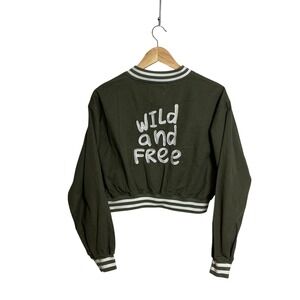 Wild Rose Medium Wild And Free Army Green Embroidered Cropped Jacket Canvas NEW